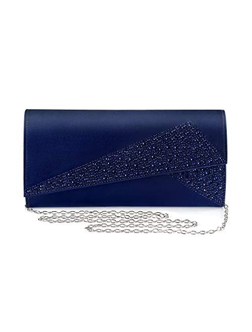 Mulian LilY Women Satin Rhinestones Evening Bags Prom Bridal Clutch Purse Cross Body With Detachable Chain Strap