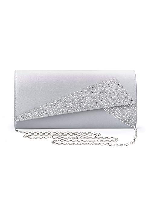 Mulian LilY Women Satin Rhinestones Evening Bags Prom Bridal Clutch Purse Cross Body With Detachable Chain Strap