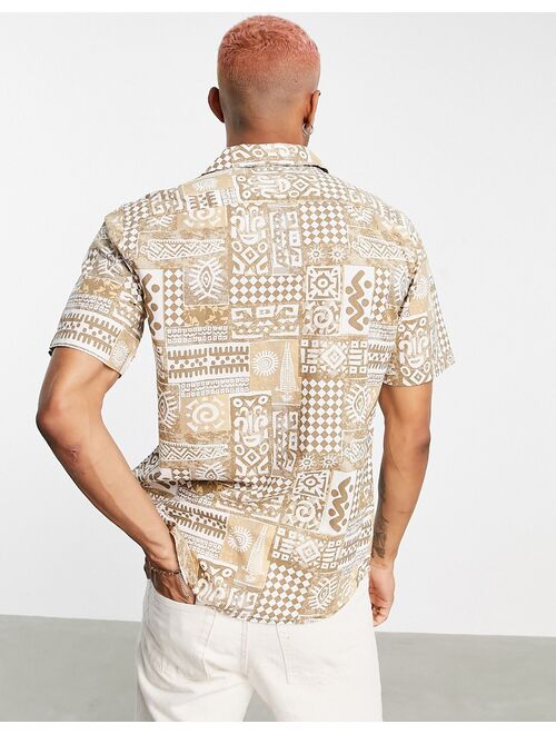 Only & Sons revere collar shirt with vintage print in beige