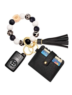 Silicone Wristlet Keychain Bracelet with Wallet, House Car Tassel Key Ring Pocket Card Holder