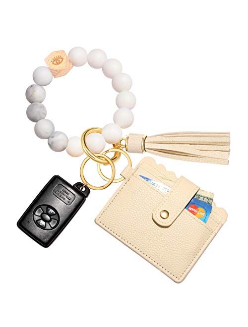 Silicone Wristlet Keychain Bracelet with Wallet, House Car Tassel Key Ring Pocket Card Holder