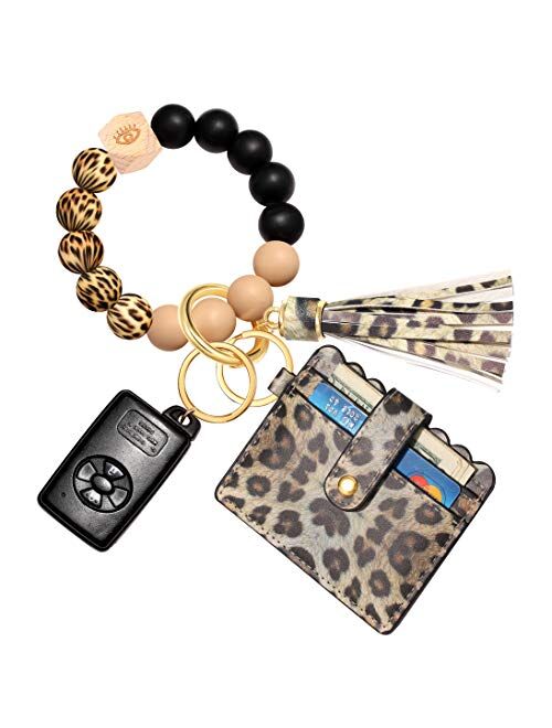 Silicone Wristlet Keychain Bracelet with Wallet, House Car Tassel Key Ring Pocket Card Holder