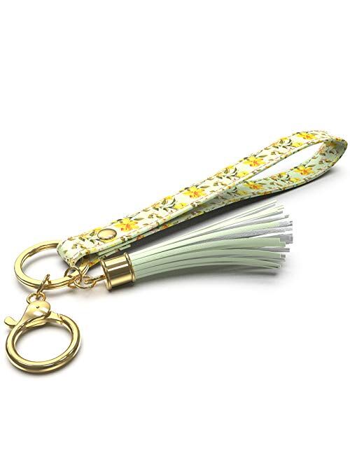 Rose Lake Wristlet Keychain with Tassels Leather Lanyard Key Chain Holder Floral Car Keyring for Women Paisley