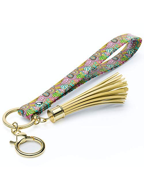 Rose Lake Wristlet Keychain with Tassels Leather Lanyard Key Chain Holder Floral Car Keyring for Women Paisley