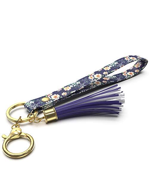 Rose Lake Wristlet Keychain with Tassels Leather Lanyard Key Chain Holder Floral Car Keyring for Women Paisley