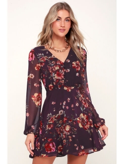 Always Yours Navy Blue Floral Print Long Sleeve Skater Dress