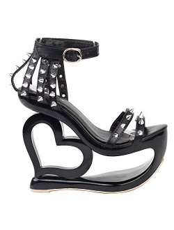 SHOW STORY Punk Black Spikes Strappy Heart Heel Wedge Evening Sandals,LF40204