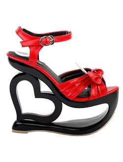 SHOW STORY Sexy Black Red Criss Cross Heart Heel Wedge Party Sandals,LF40208