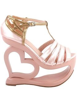 SHOW STORY Elegant Baby Pink T-Strap Heart Heel Wedge Bridesmaid Wedding Sandals,LF40212