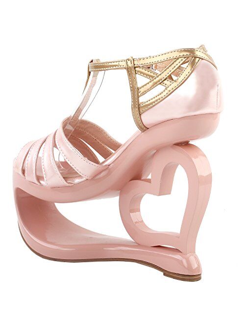 SHOW STORY Elegant Baby Pink T-Strap Heart Heel Wedge Bridesmaid Wedding Sandals,LF40212