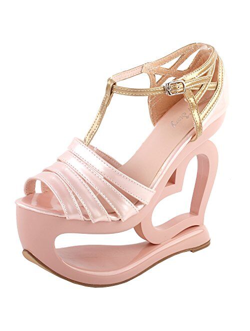 SHOW STORY Elegant Baby Pink T-Strap Heart Heel Wedge Bridesmaid Wedding Sandals,LF40212