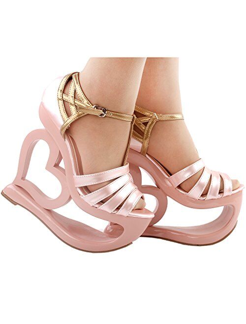 SHOW STORY Elegant Baby Pink T-Strap Heart Heel Wedge Bridesmaid Wedding Sandals,LF40212