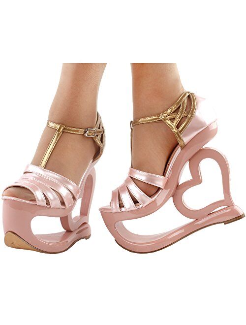 SHOW STORY Elegant Baby Pink T-Strap Heart Heel Wedge Bridesmaid Wedding Sandals,LF40212