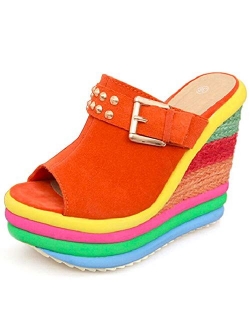 SaraIris Sandals for Women Gladiator Ankle Strap High Heel Platform Wedge Rainbow Sandals for Women