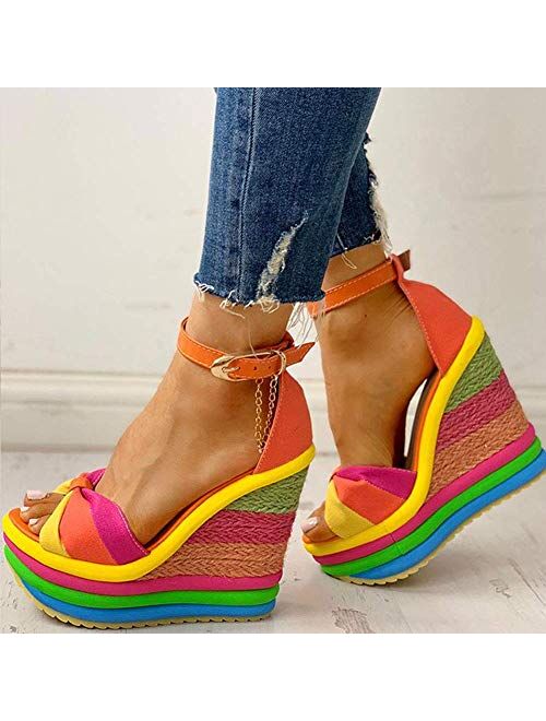 SaraIris Sandals for Women Gladiator Ankle Strap High Heel Platform Wedge Rainbow Sandals for Women