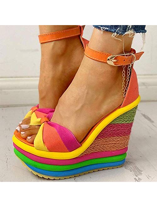 SaraIris Sandals for Women Gladiator Ankle Strap High Heel Platform Wedge Rainbow Sandals for Women