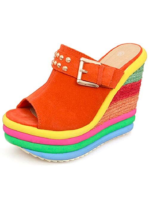 SaraIris Sandals for Women Gladiator Ankle Strap High Heel Platform Wedge Rainbow Sandals for Women