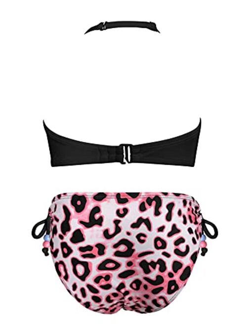 SHEKINI Girls 2 Piece Swimsuit Ruched Halter Bikini Top Floral Print Swim Bottom