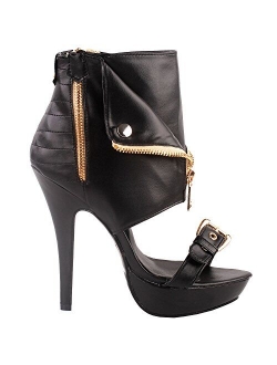 Show Story Punk Stud Buckle High Heels Stilettos Pumps with Zipper Bootie Sandal,LF30103