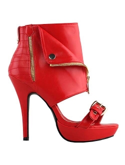 Show Story Punk Stud Buckle High Heels Stilettos Pumps with Zipper Bootie Sandal,LF30103