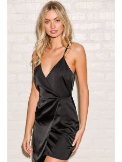 What a Stunner Black Satin Asymmetrical Mini Dress