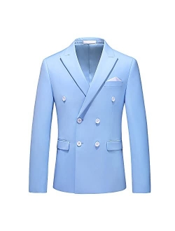 MOGU Mens Double Breasted Blazer Slim Fit Plain Color Suit Jacket