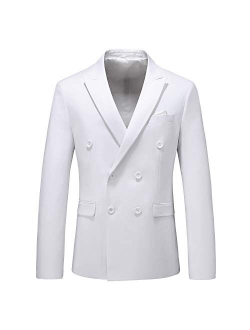 MOGU Mens Double Breasted Blazer Slim Fit Plain Color Suit Jacket