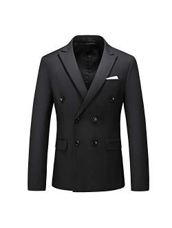 MOGU Mens Double Breasted Blazer Slim Fit Plain Color Suit Jacket