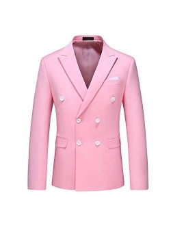 MOGU Mens Double Breasted Blazer Slim Fit Plain Color Suit Jacket