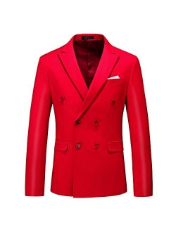 MOGU Mens Double Breasted Blazer Slim Fit Plain Color Suit Jacket