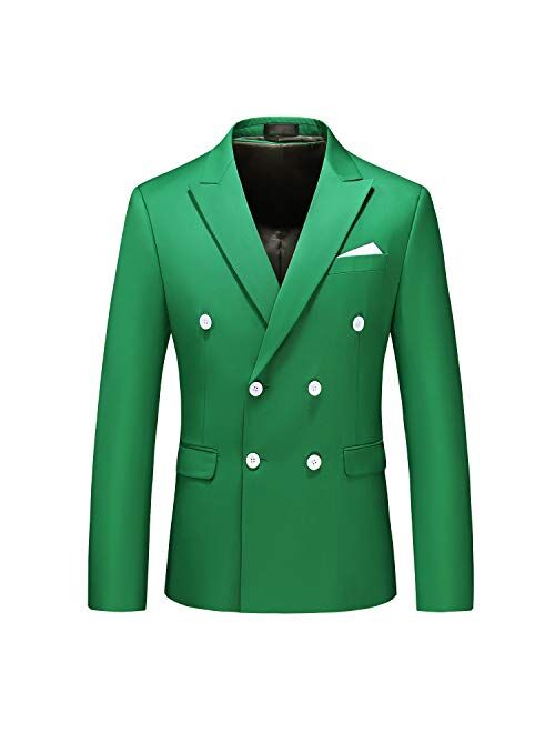 MOGU Mens Double Breasted Blazer Slim Fit Plain Color Suit Jacket