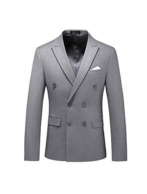 MOGU Mens Double Breasted Blazer Slim Fit Plain Color Suit Jacket