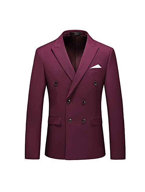 MOGU Mens Double Breasted Blazer Slim Fit Plain Color Suit Jacket