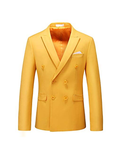 MOGU Mens Double Breasted Blazer Slim Fit Plain Color Suit Jacket