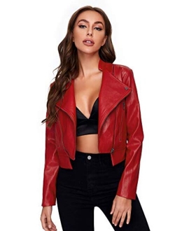 Women's Zipper Front Casual PU Leather Cropped Jacket Long Sleeve Bolero