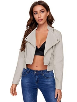 Women's Zipper Front Casual PU Leather Cropped Jacket Long Sleeve Bolero