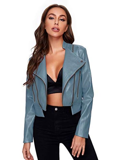 SheIn Women's Zipper Front Casual PU Leather Cropped Jacket Long Sleeve Bolero