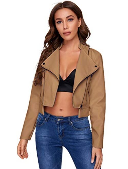 SheIn Women's Zipper Front Casual PU Leather Cropped Jacket Long Sleeve Bolero