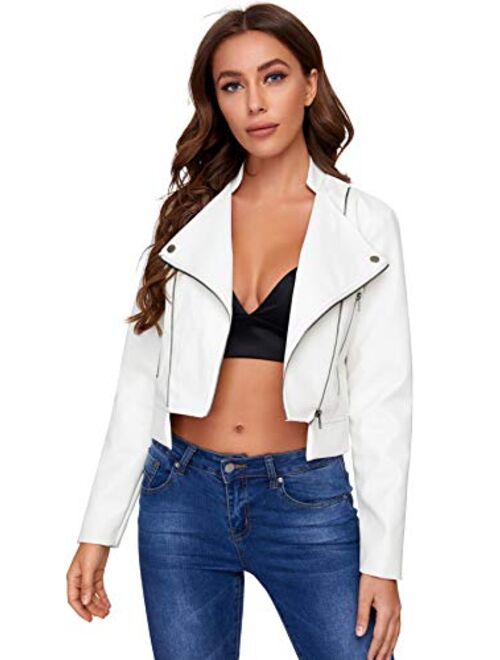 SheIn Women's Zipper Front Casual PU Leather Cropped Jacket Long Sleeve Bolero