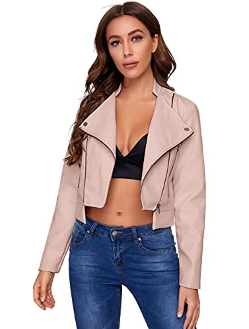 SheIn Women's Zipper Front Casual PU Leather Cropped Jacket Long Sleeve Bolero