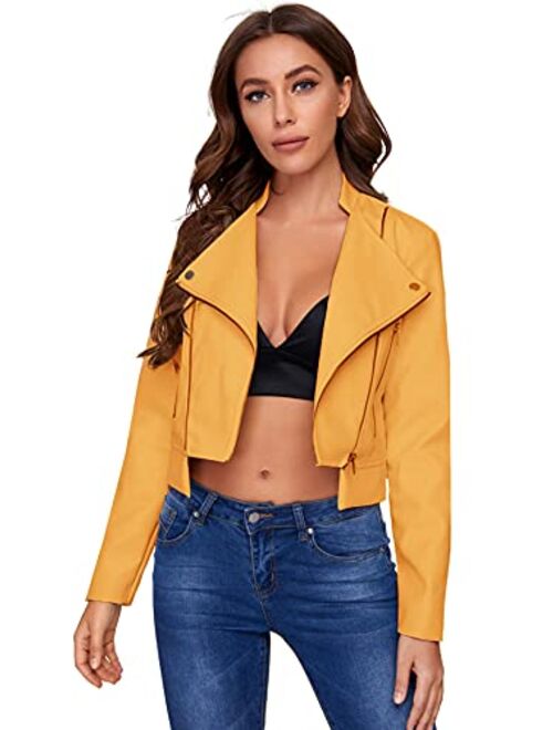 SheIn Women's Zipper Front Casual PU Leather Cropped Jacket Long Sleeve Bolero