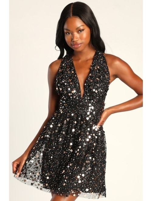 Lulus Shine On You Black Sequin Mini Skater Dress