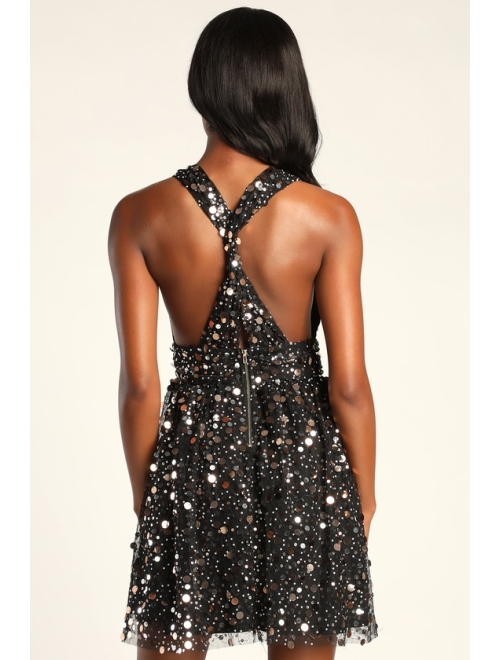 Lulus Shine On You Black Sequin Mini Skater Dress