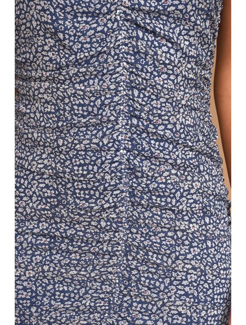 Lulus Walk the Walk Blue Floral Print Ruched Bodycon Mini Dress