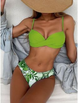 Plant Print Push Up Bikini Swimsuit