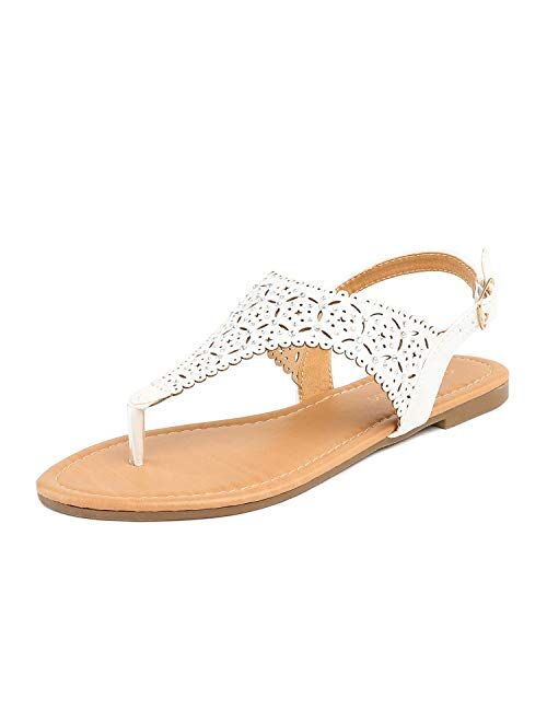 DREAM PAIRS Women's Rhinestone Casual Wear Cut Out Flat Sandals