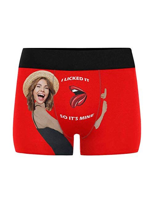 Custom Men's Boxer Briefs with Funny Photo Face, Personalized Novelty Underwear Lip I Licked It Navy Blue