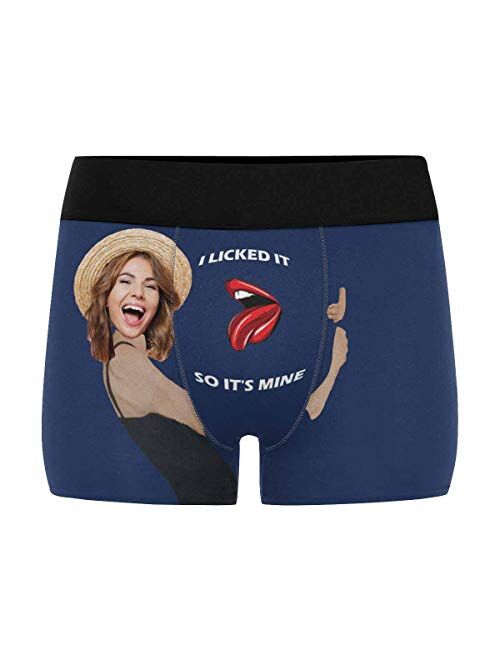 Custom Men's Boxer Briefs with Funny Photo Face, Personalized Novelty Underwear Lip I Licked It Navy Blue