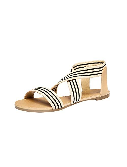 DREAM PAIRS Women's Elatica Elastic Ankle Strap Flat Sandals