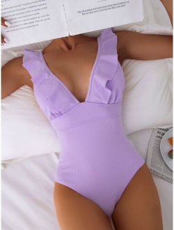 Rib Ruffle Trim One Piece Swimsuit